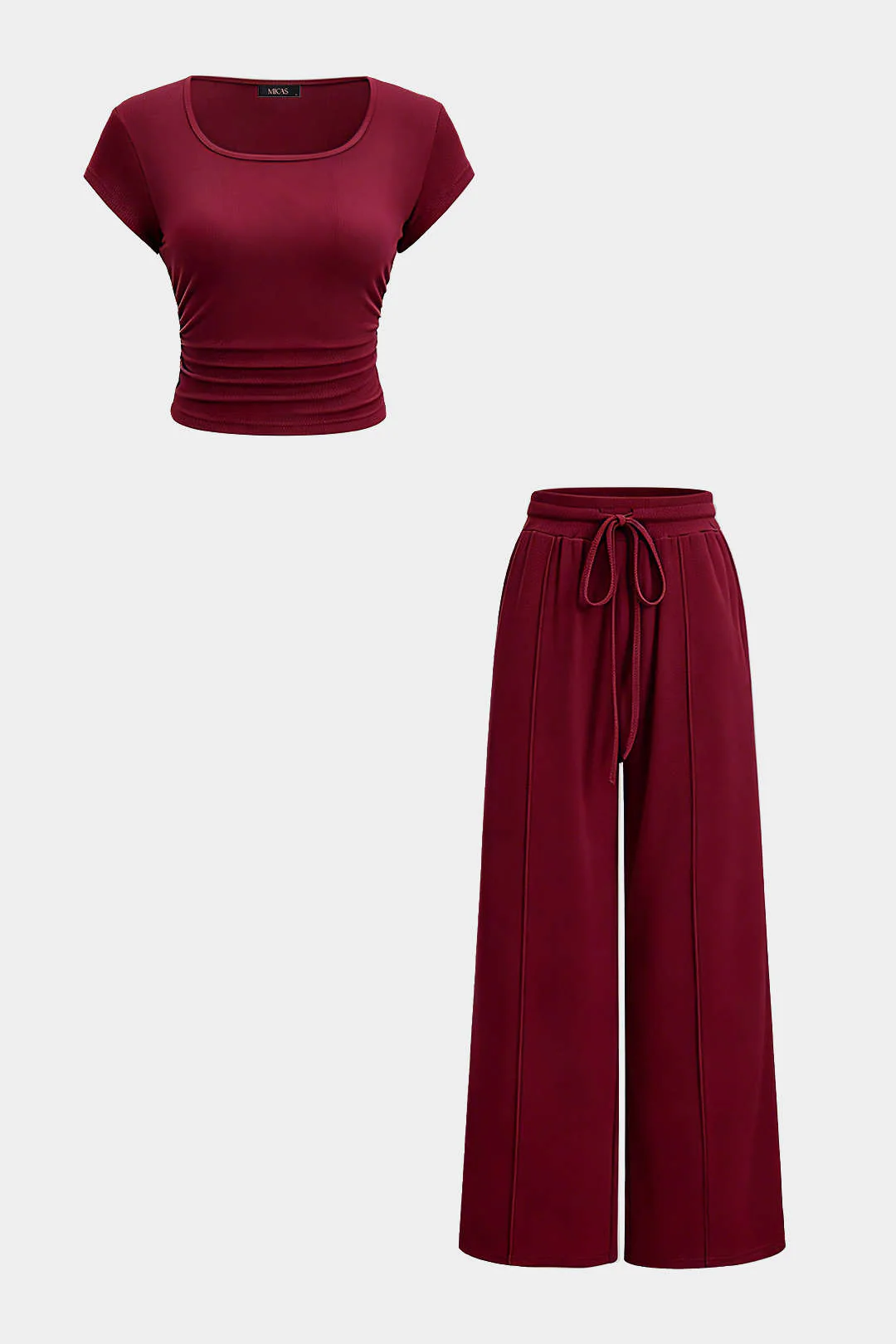 Solid Round Neck Short Sleeve Top And High Waist Wide Leg Pants Set - Image 8