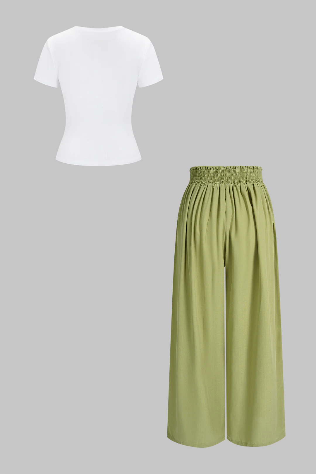 Round Neck Short Sleeve Top And Bow Wide Leg Pants Set - Image 2