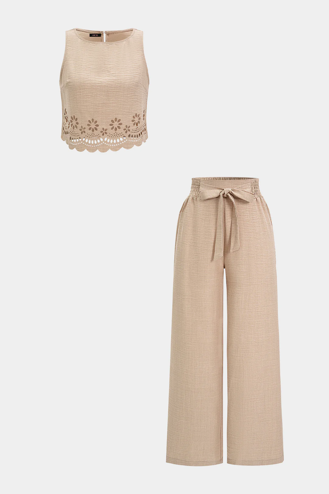 Round Neck Hollow Out Tank Top And Tie-Up Wide Leg Pants Set