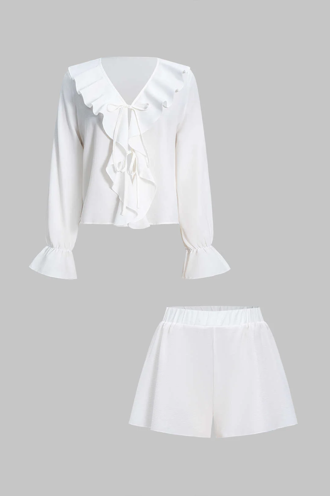 Ruffle V-Neck Long Sleeve Top And Wide Leg Shorts Set - Image 2