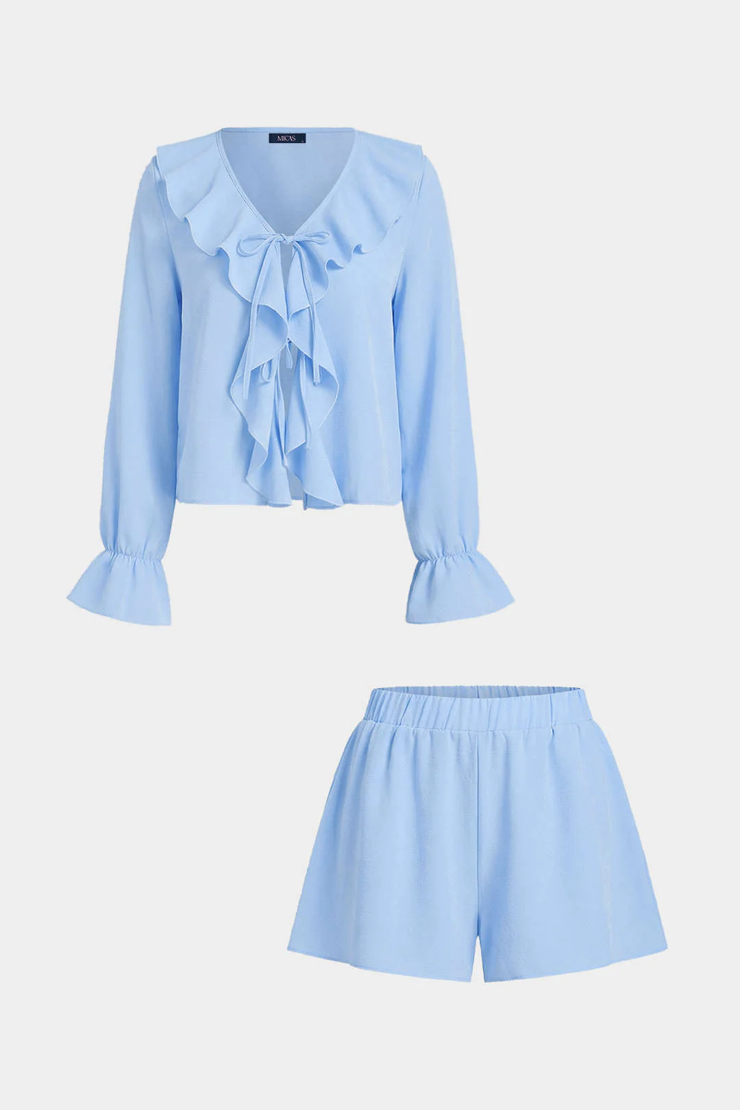 Ruffle V-Neck Long Sleeve Top And Wide Leg Shorts Set - Image 7