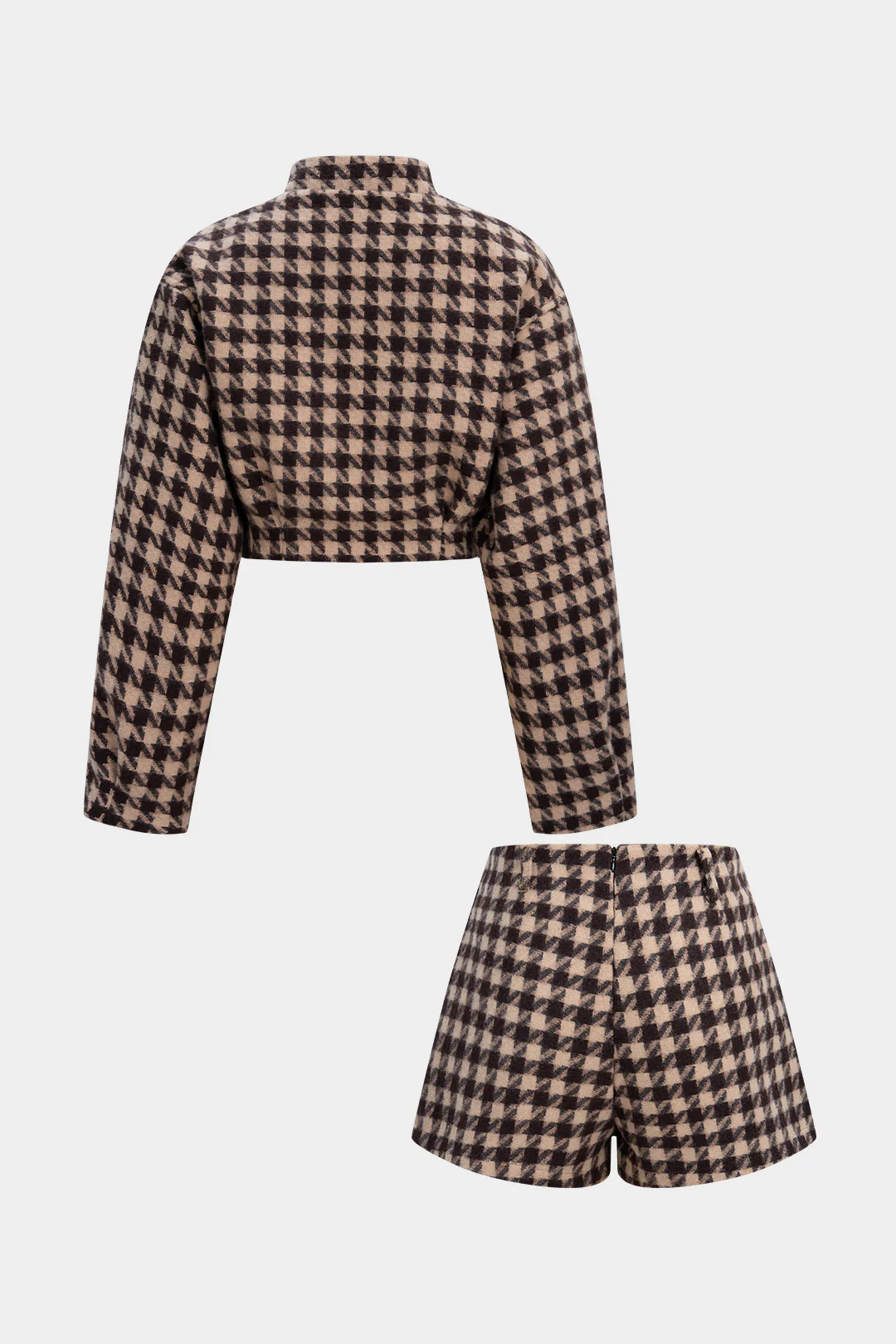 Houndstooth Print Long-Sleeve Top And Zipper Shorts Set - Image 2