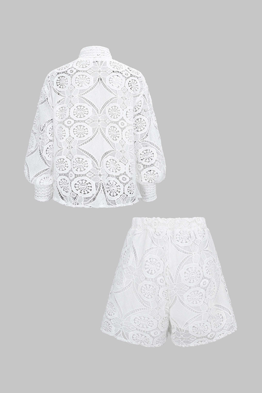 Lace Hollow Out Long Sleeve Top And Wide Leg Shorts Set - Image 3