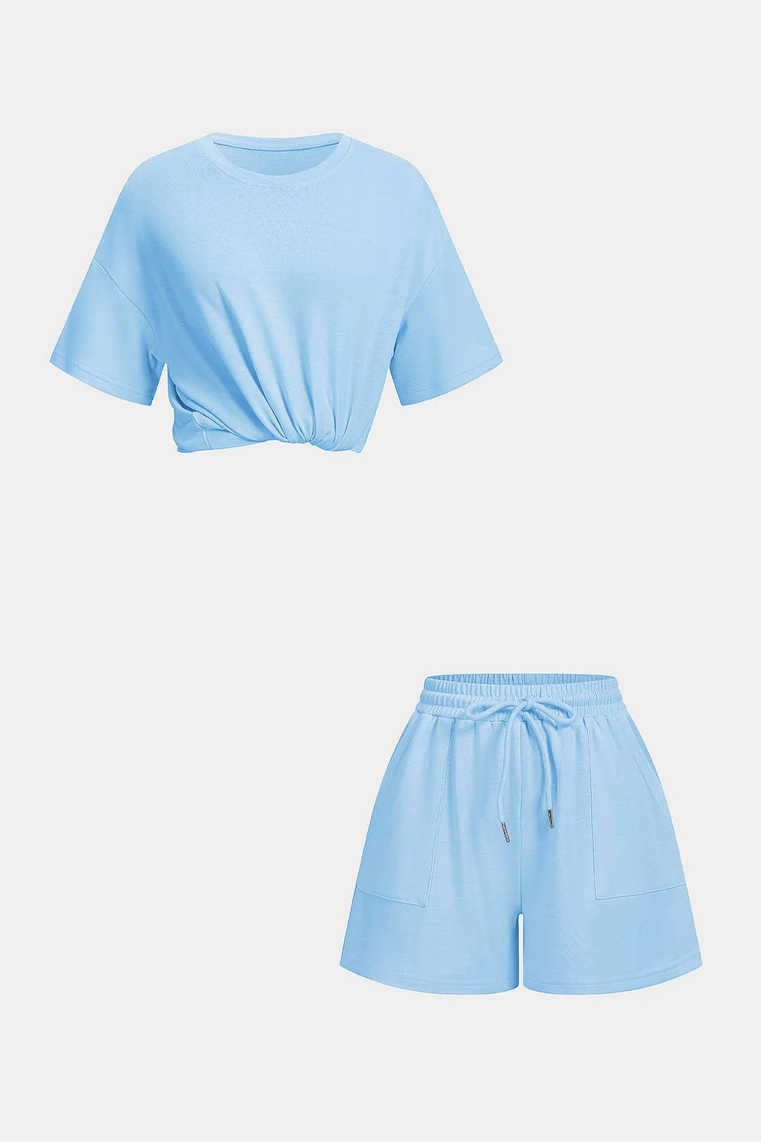 Solid Round Neck Top And Drawstring Shorts Set - Image 10