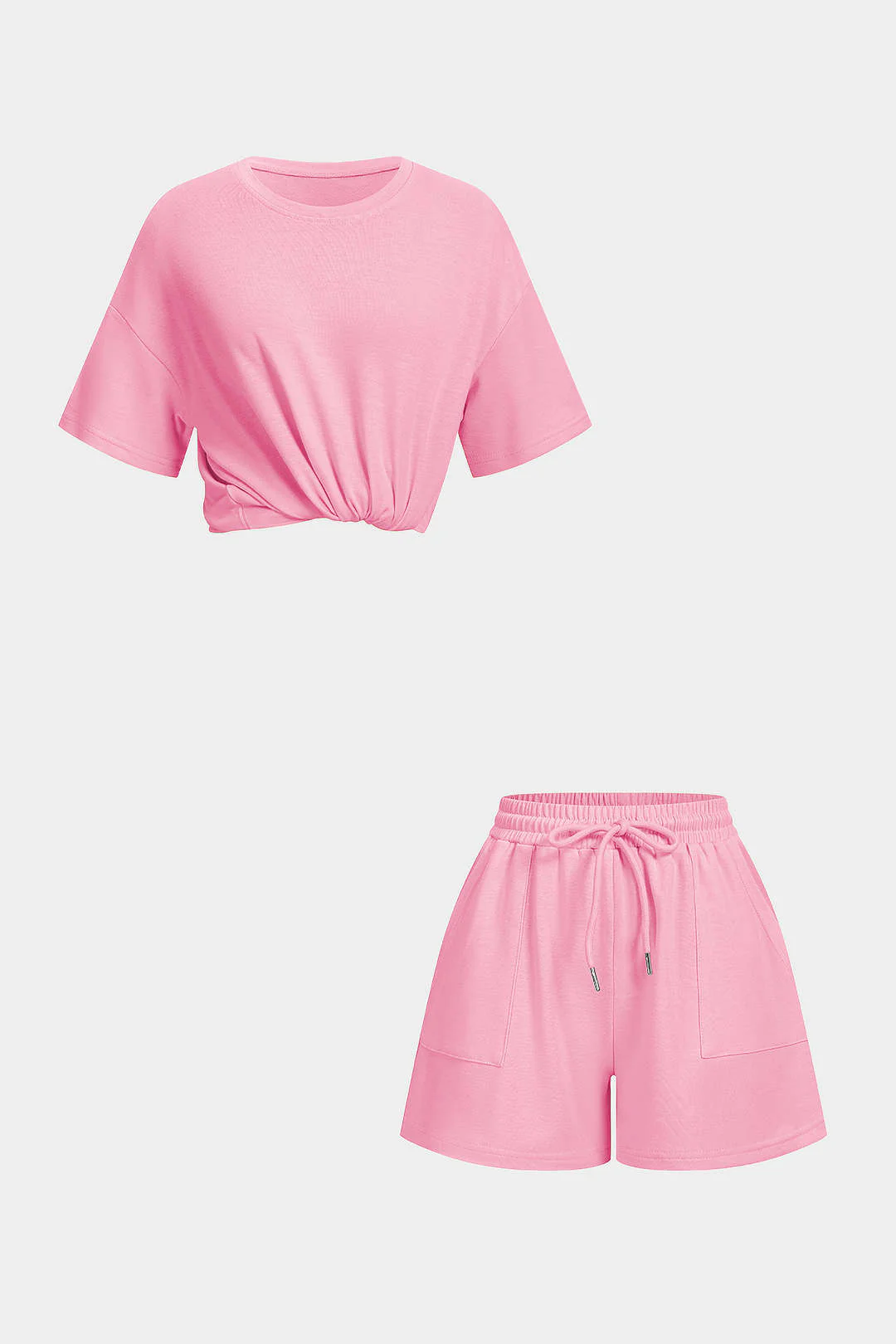 Solid Round Neck Top And Drawstring Shorts Set - Image 11