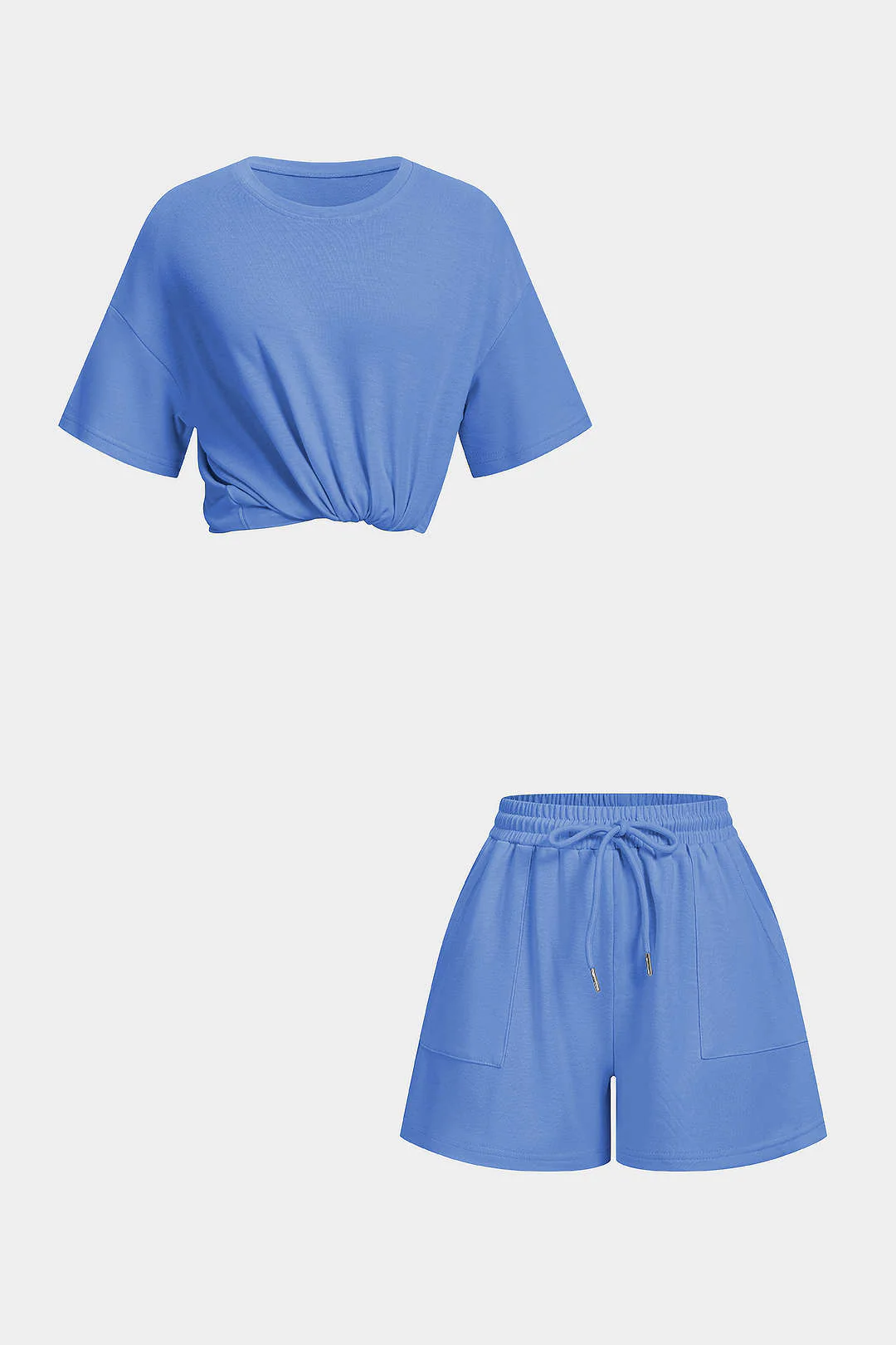 Solid Round Neck Top And Drawstring Shorts Set - Image 12