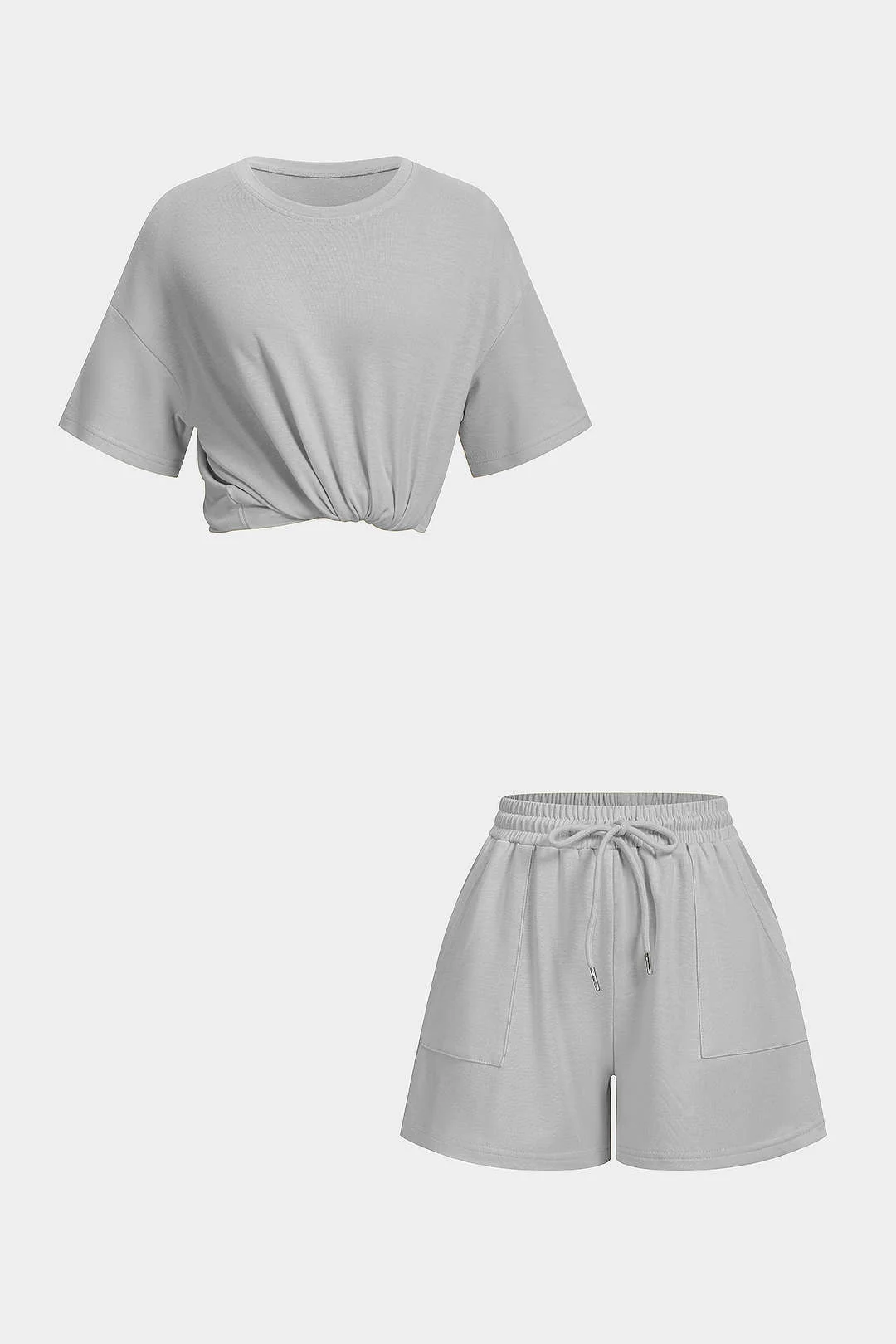 Solid Round Neck Top And Drawstring Shorts Set - Image 9