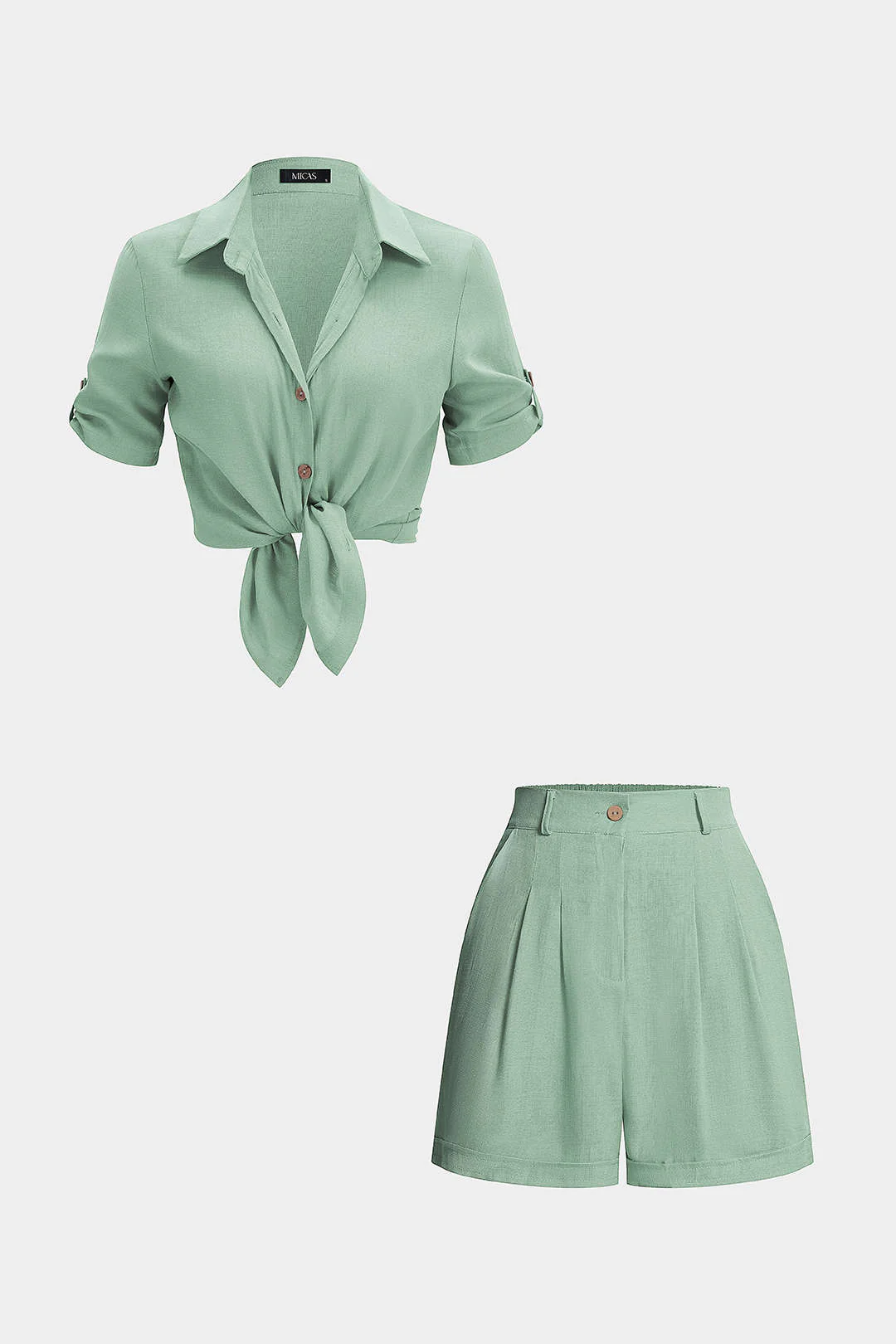 Lapel Button Short Sleeve Shirt And High Waist Shorts Set - Image 7
