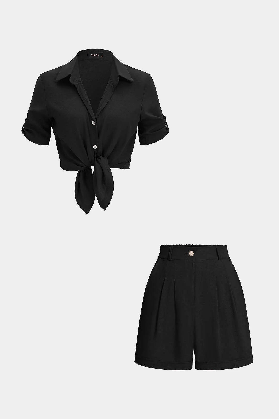 Lapel Button Short Sleeve Shirt And High Waist Shorts Set - Image 9