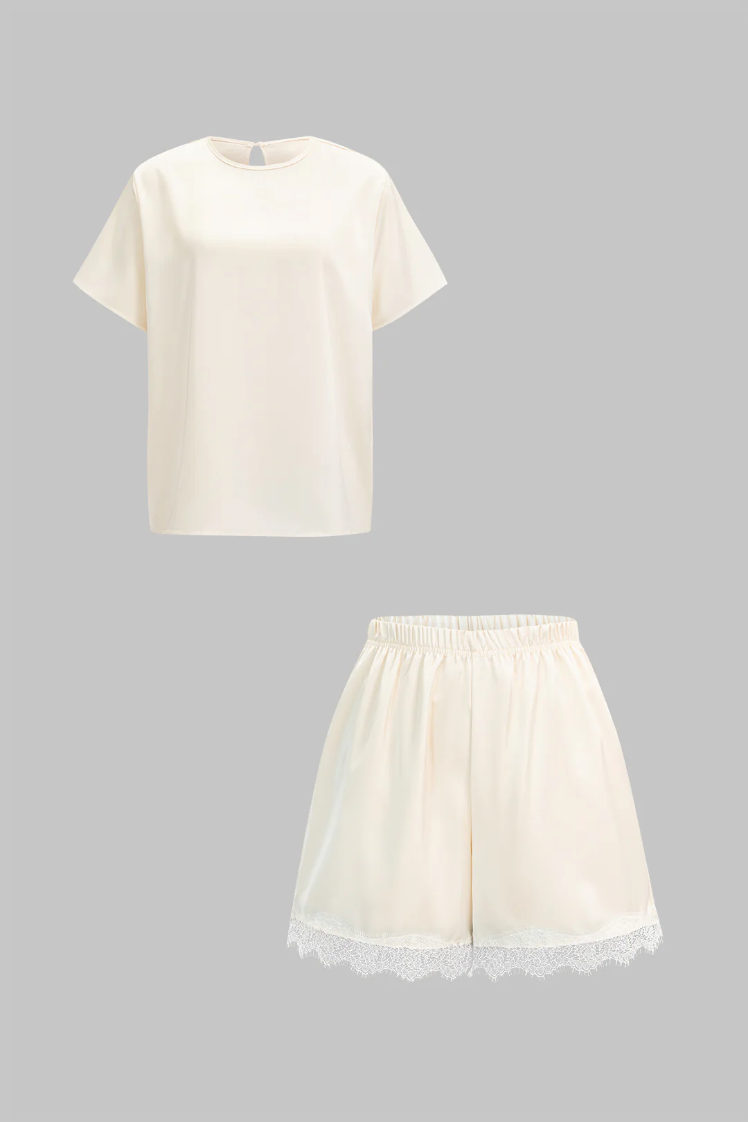Satin Round Neck Short Sleeve T-Shirt And Patchwork Lace Shorts Set - Image 3