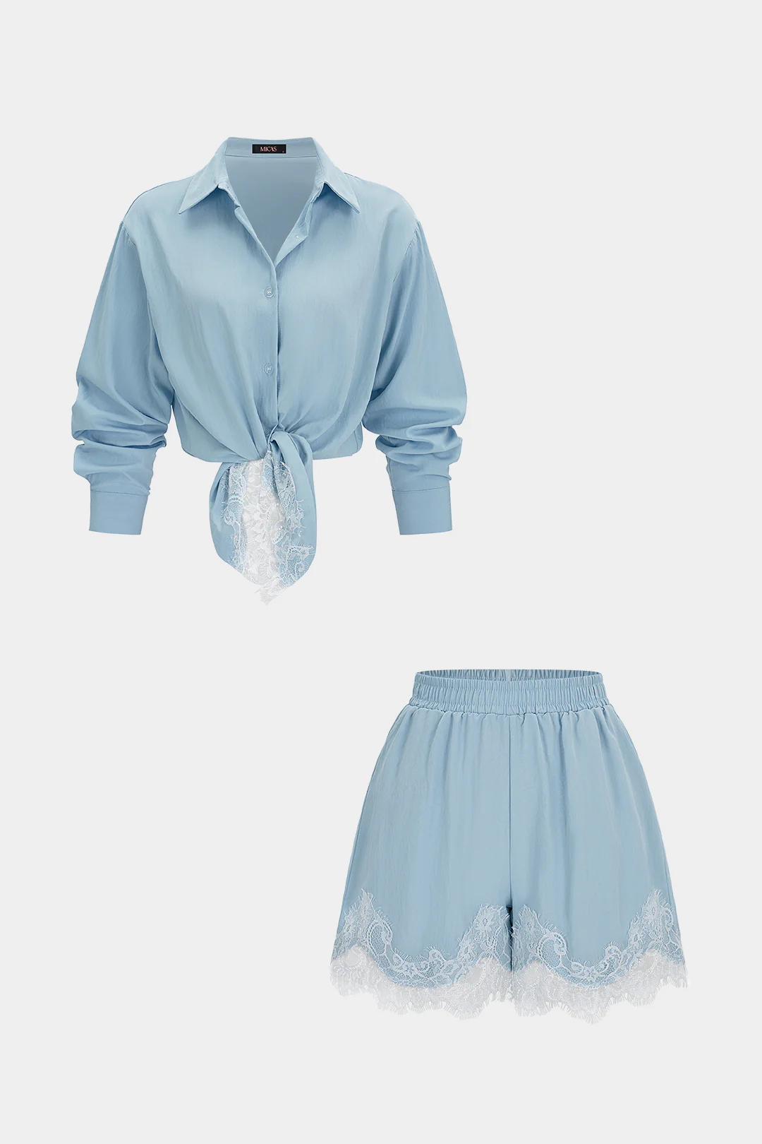 Lace Trim Patchwork Lapel Tie Front Shirt And Shorts Set