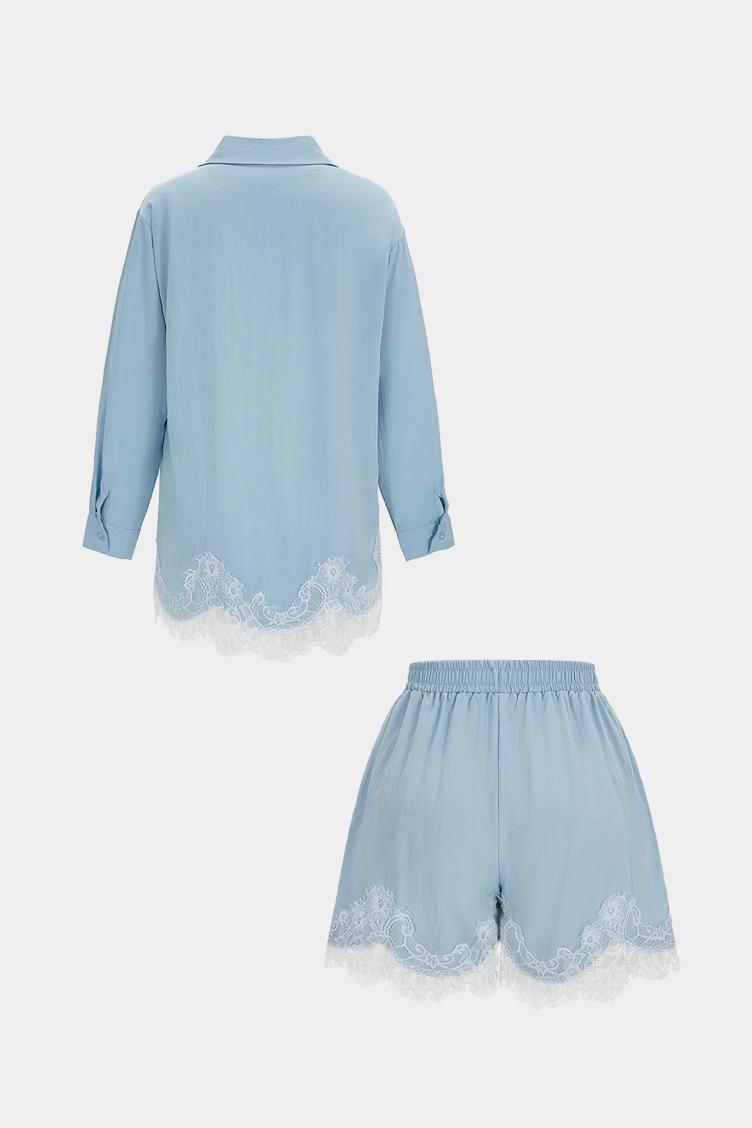 Lace Trim Patchwork Lapel Tie Front Shirt And Shorts Set - Image 2