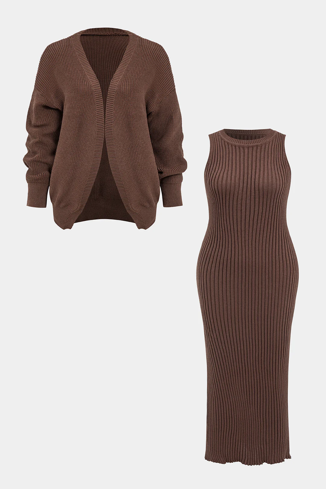 Plus Size Knit Ribbed Sleeveless Dress And Cardigan Set