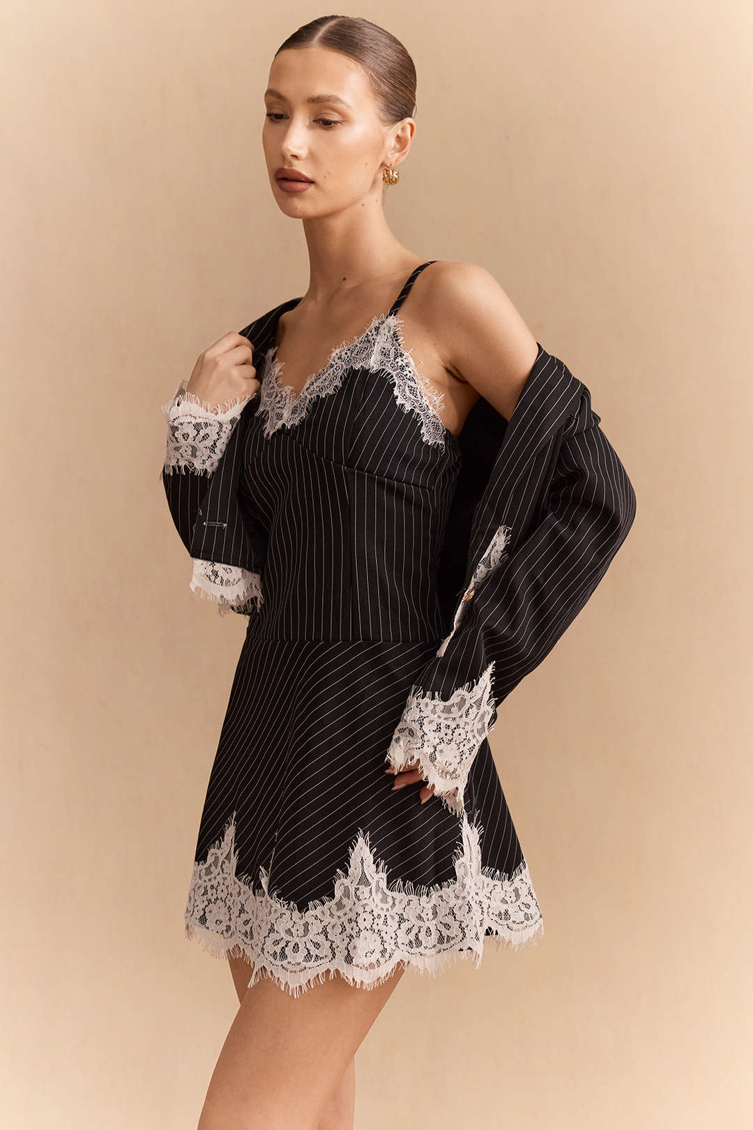 Striped Lace Patchwork Blazer And V-Neck Sleeveless Dress Set - Image 3