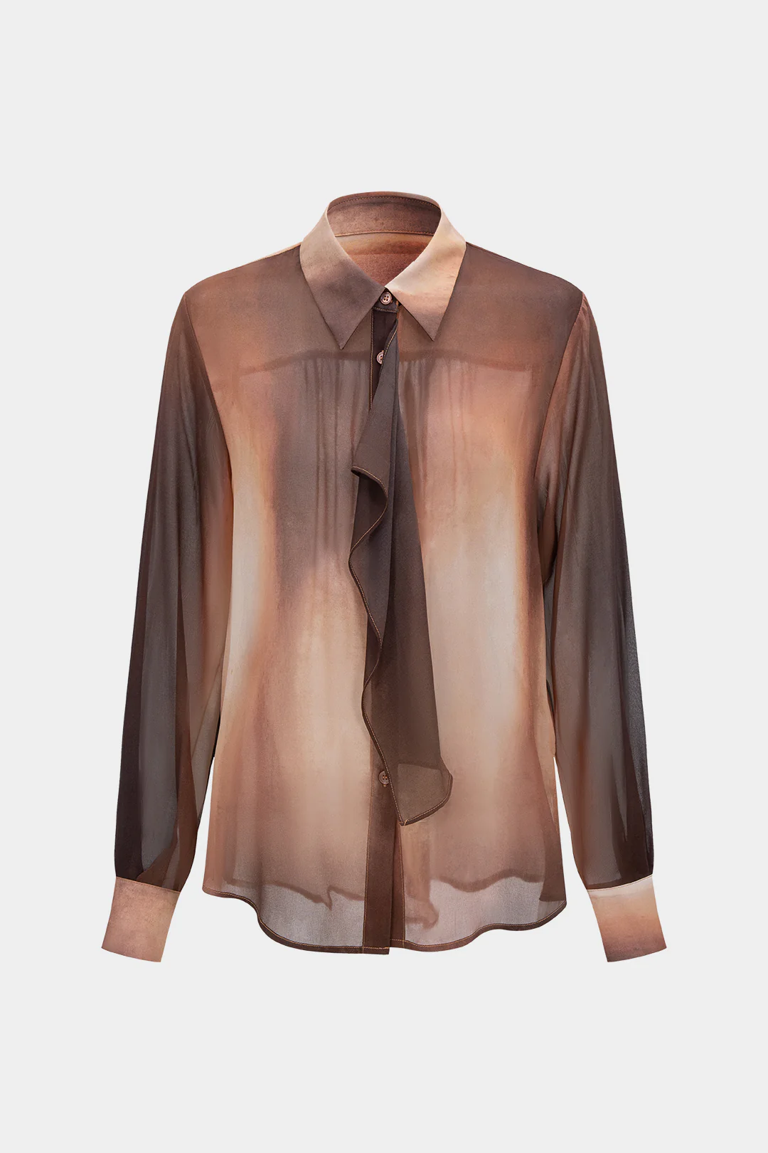 Tie Dye Ombre Print Chiffon Button Ruffle Long-Sleeve Top