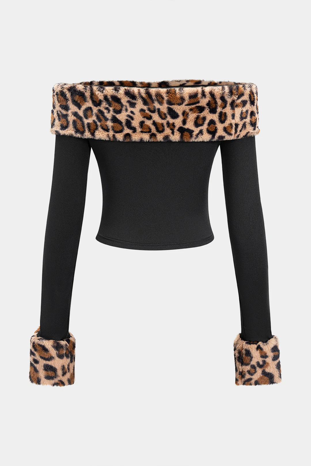 Leopard Print Off Shoulder Patchwork Long-Sleeve Top - Image 2