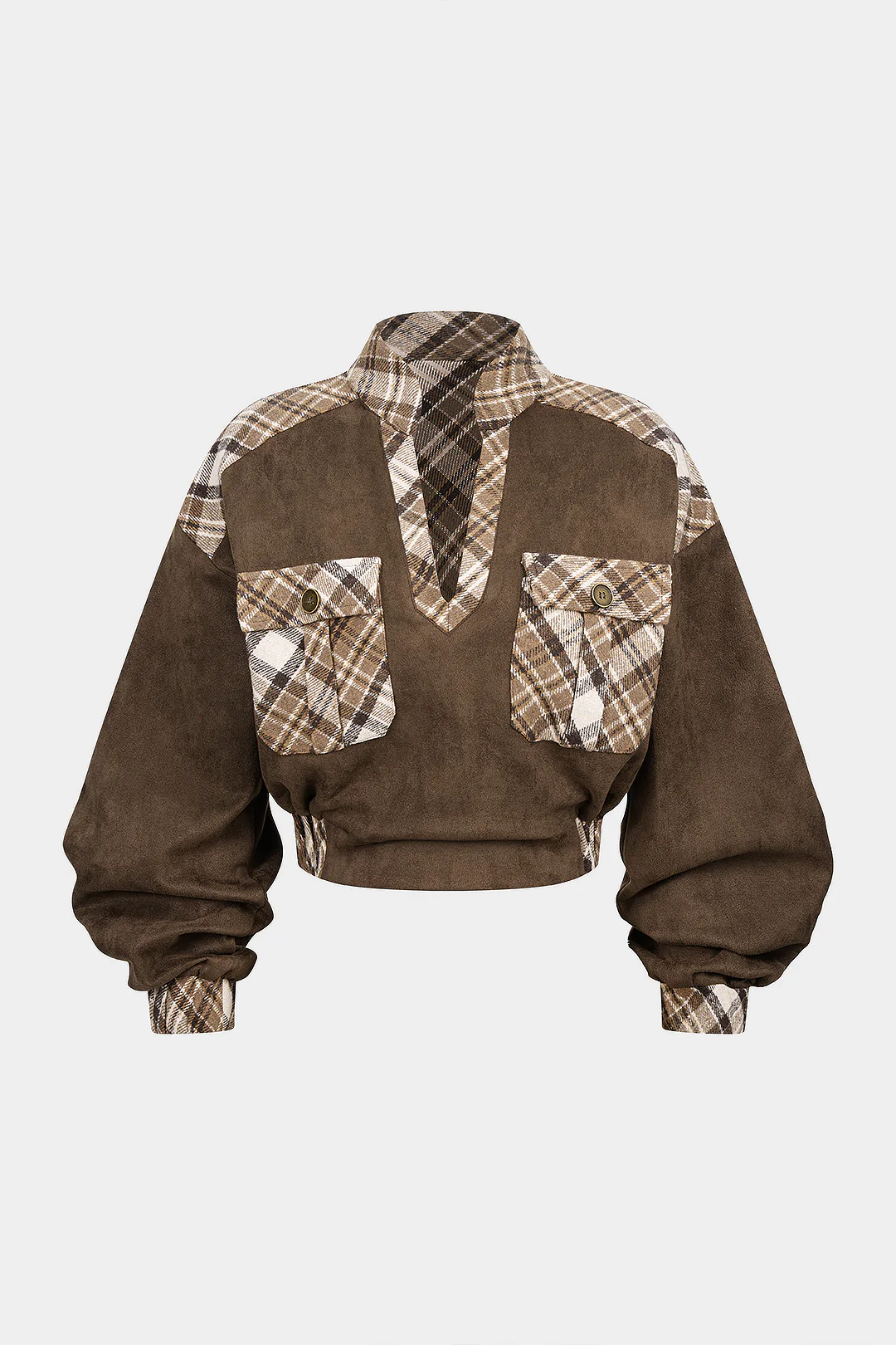 Plaid Color Block Print Suede V-Neck Pocket Sweatshirt