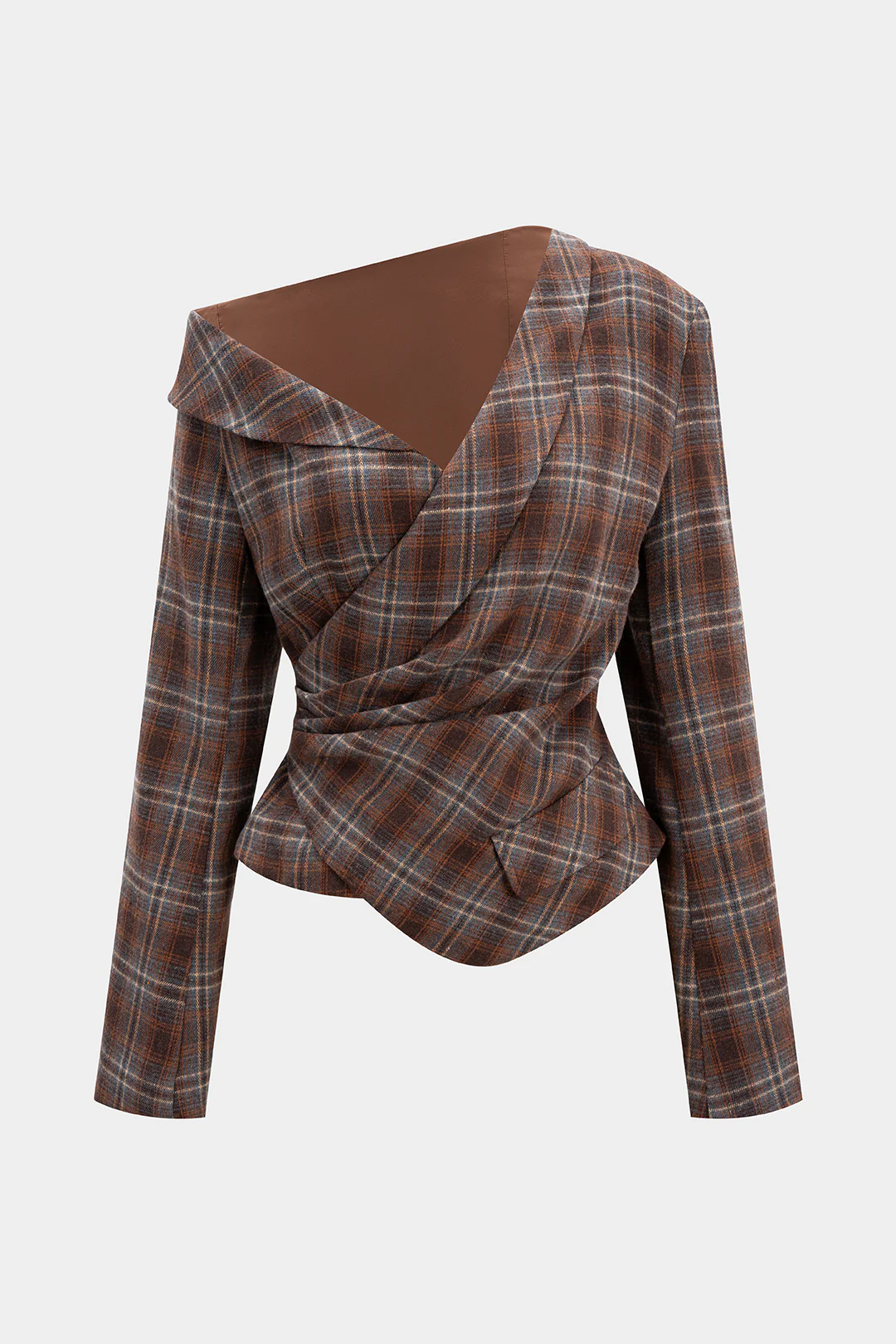 Plaid Print Asymmetrical One Shoulder Ruched Long-Sleeve Top