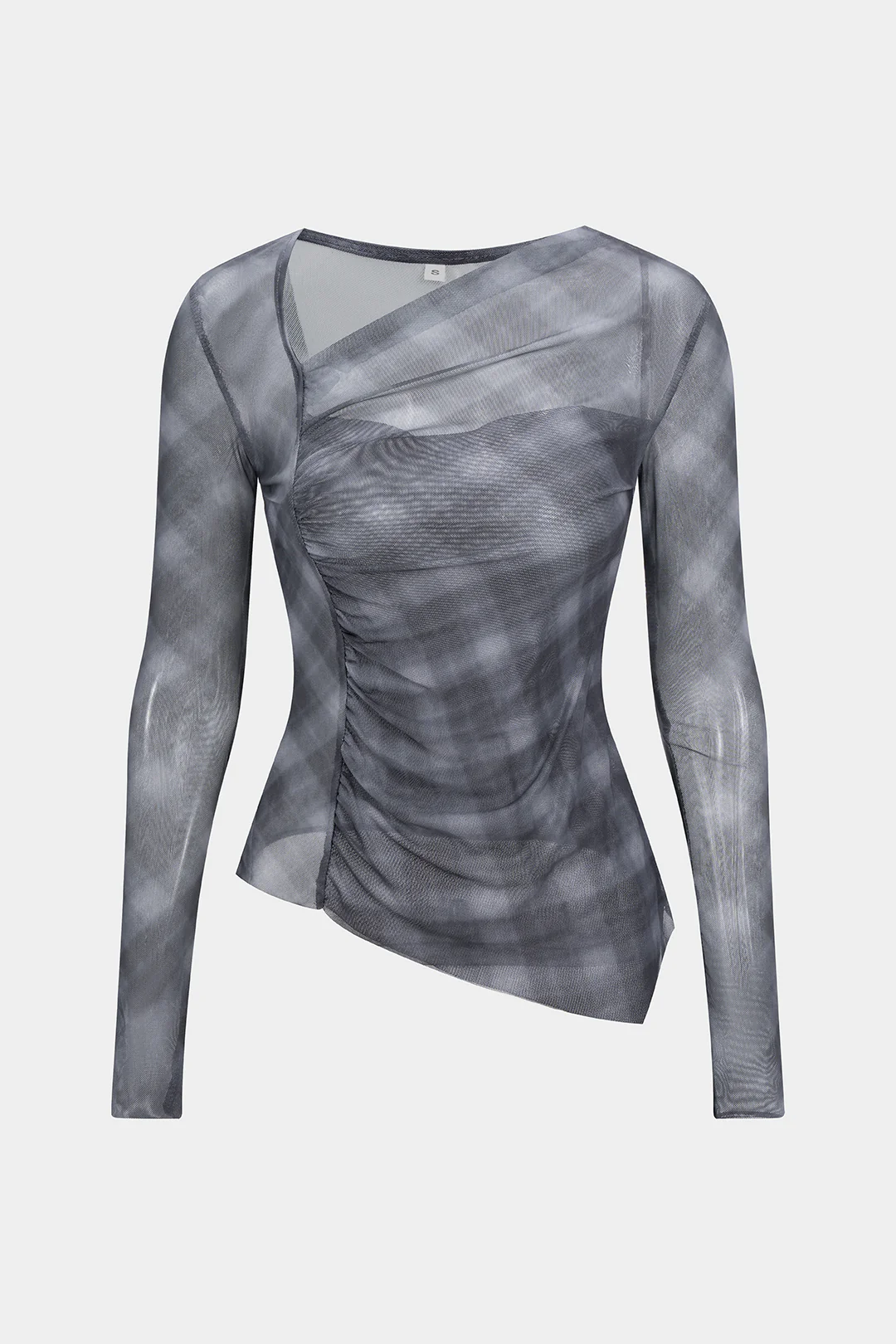 Plaid Print Sheer Mesh Asymmetrical Ruched Top