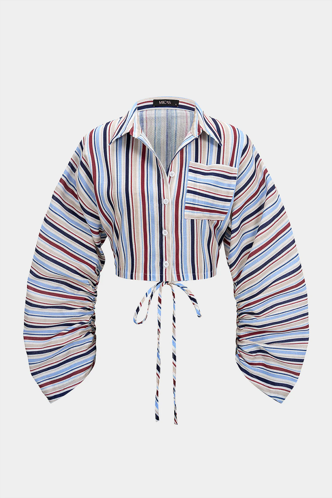Stripes Print Lapel Tie-Up Button Pocket Long Sleeve Top