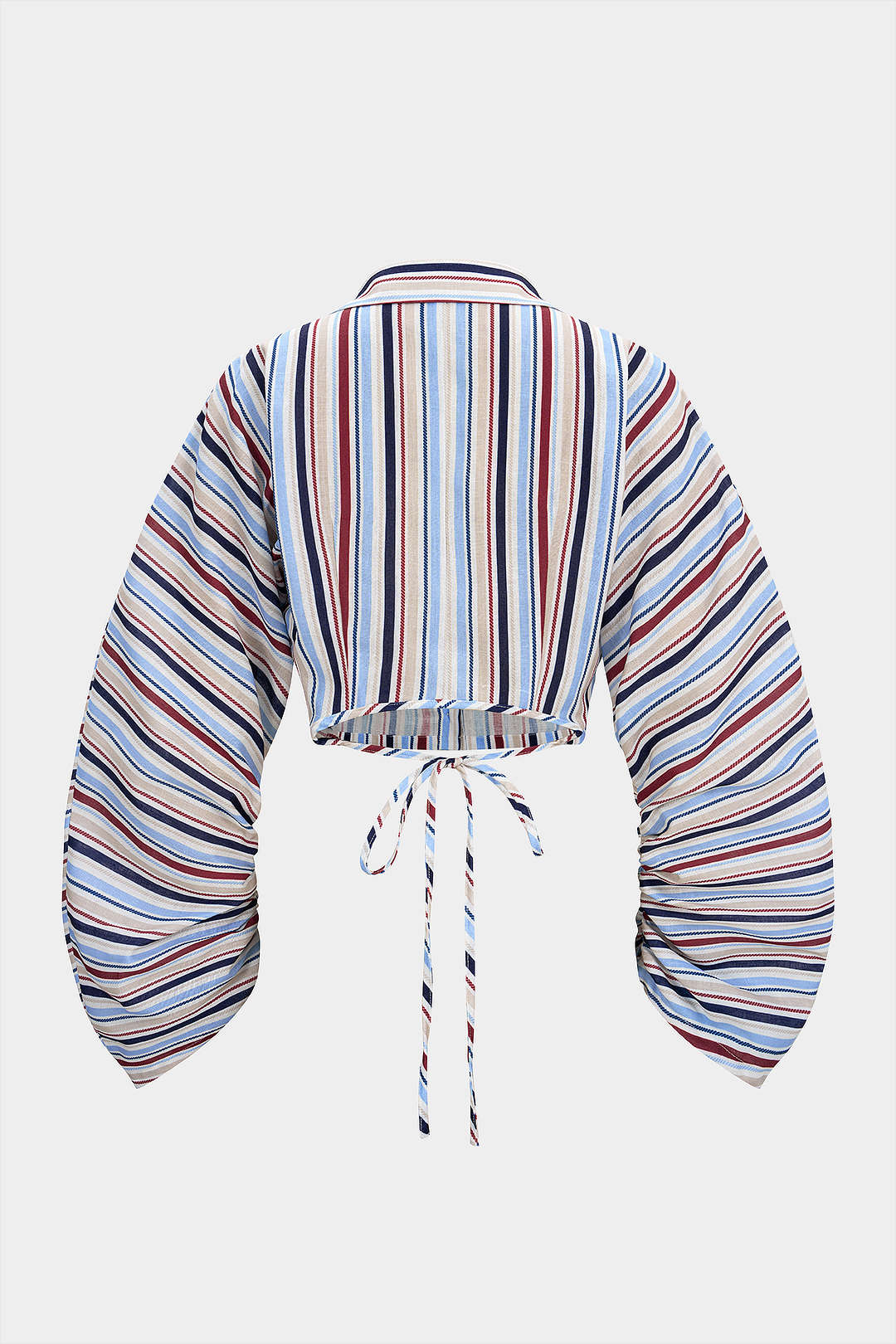 Stripes Print Lapel Tie-Up Button Pocket Long Sleeve Top - Image 3