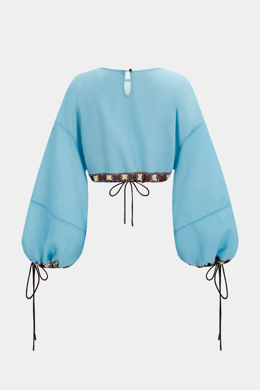 Geometric Print Linen Patchwork Round Neck Drawstring Long Sleeve Top - Image 2