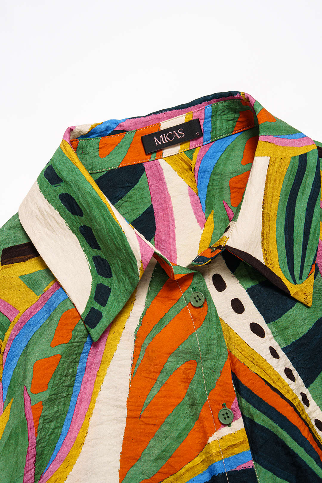 Leaves Contrast Print Tie-Up Button Short-Sleeve Blouse - Image 3