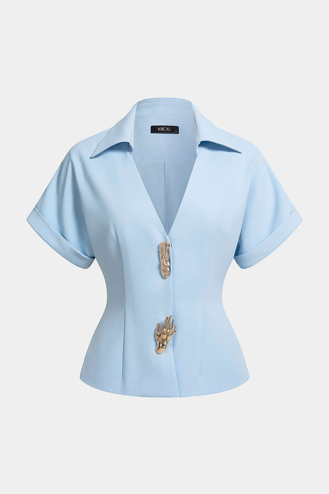 Lapel V-Neck Metallic Short-Sleeve Shirt