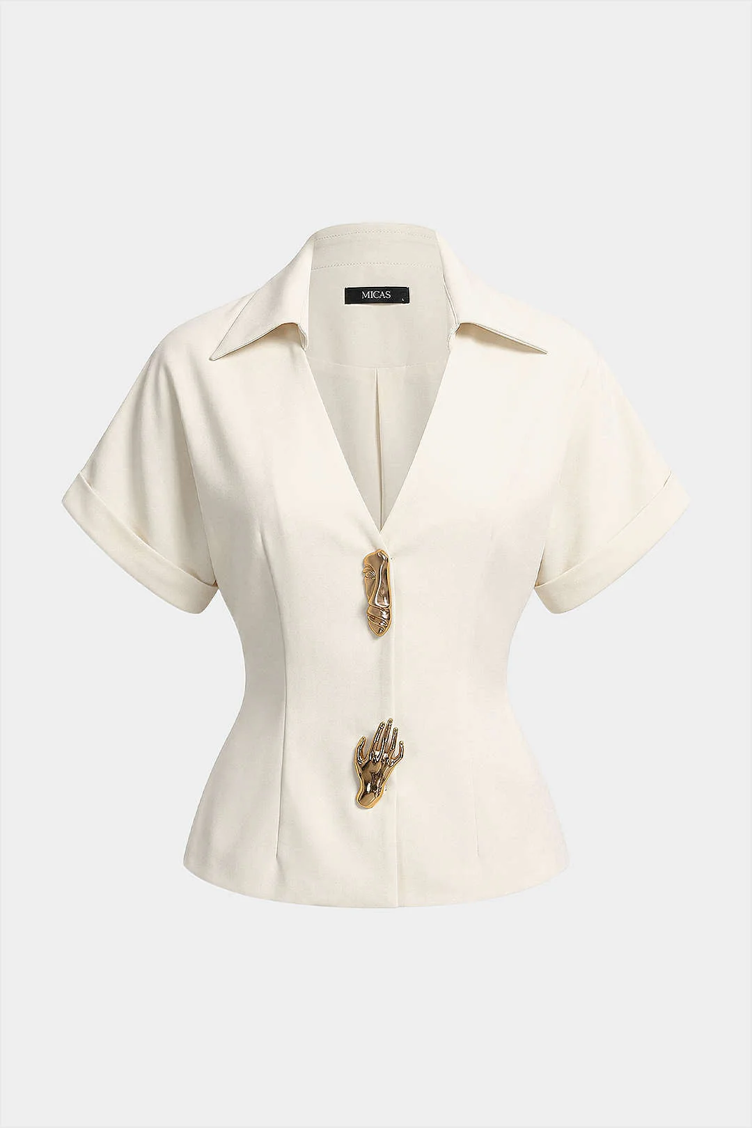 Lapel V-Neck Metallic Short-Sleeve Shirt - Image 7