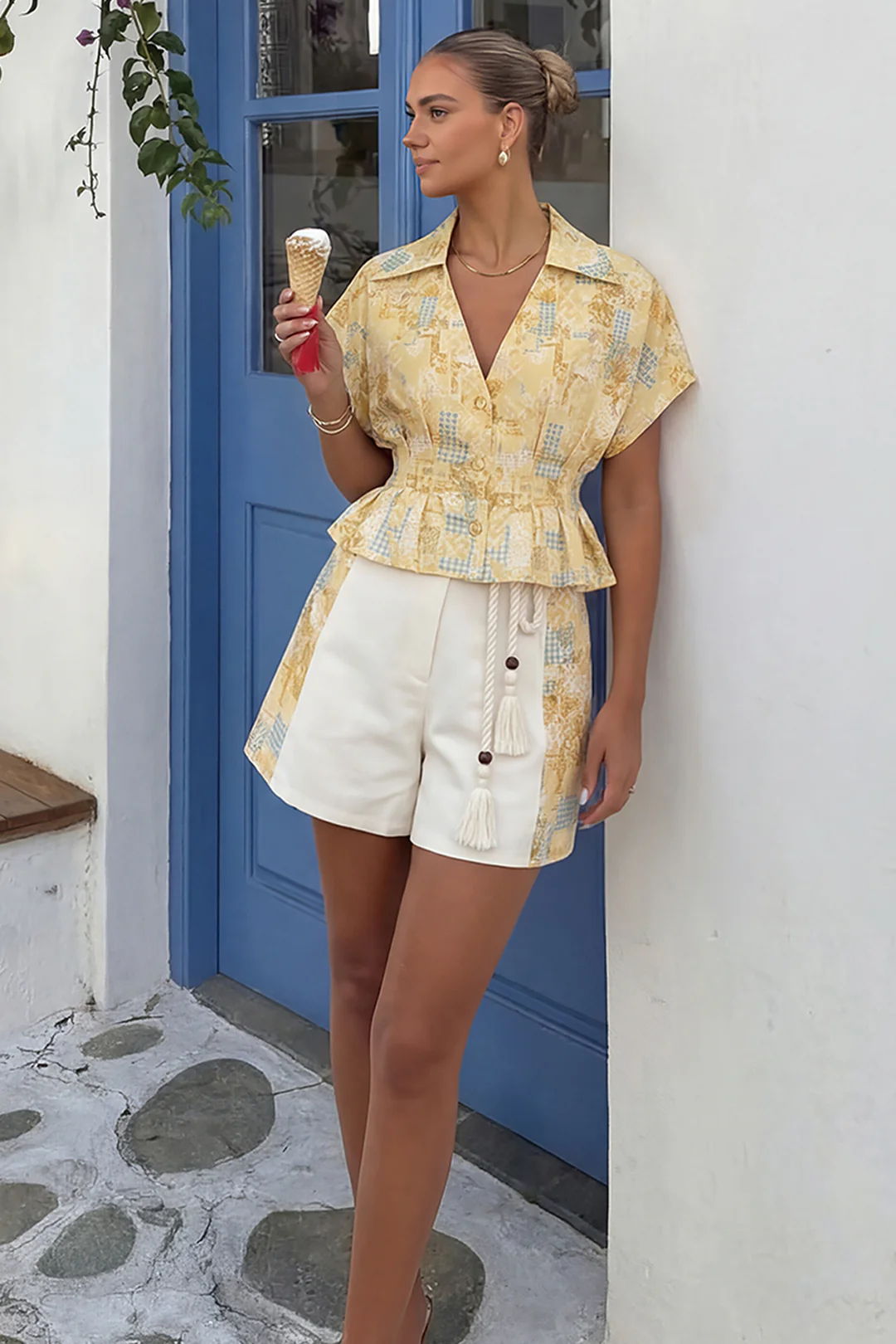 Artistic Print V-Neck Ruched Short Sleeve Top - Image 5