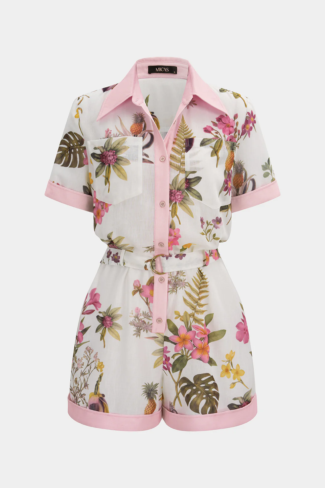 Contrast Floral Print Button Pocket Short Sleeve Wide Leg Romper