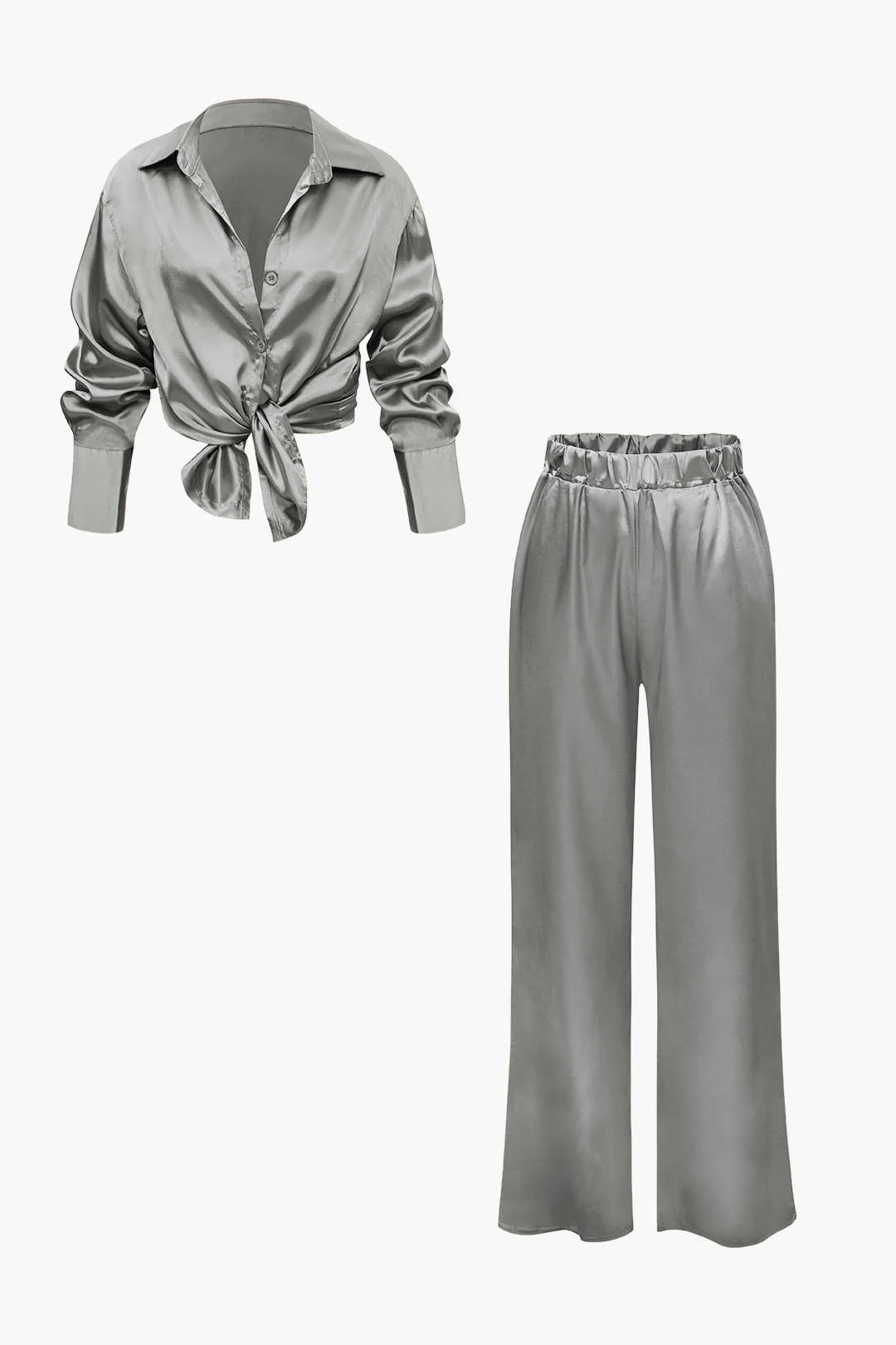 Satin Button Up Long Sleeve Shirt And Pants Set - Image 13