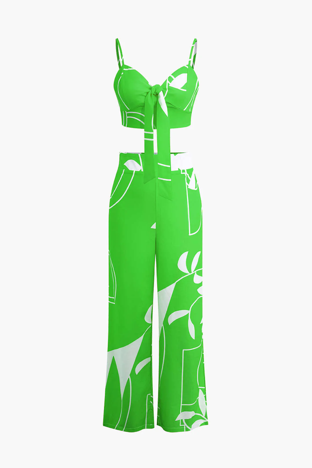 Bamboo Leaf Print Knot Cami Top And Pants Set - Image 7