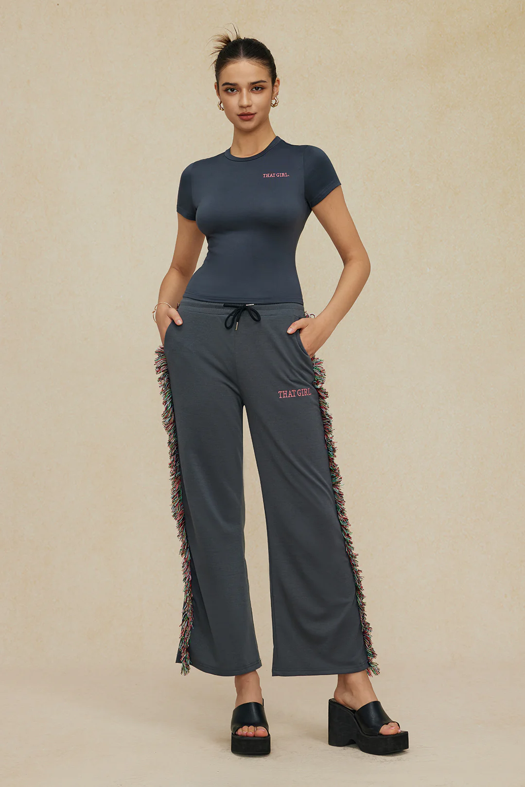 Letter Print T-shirt And Tassel Drawstring Pants Set - Image 14