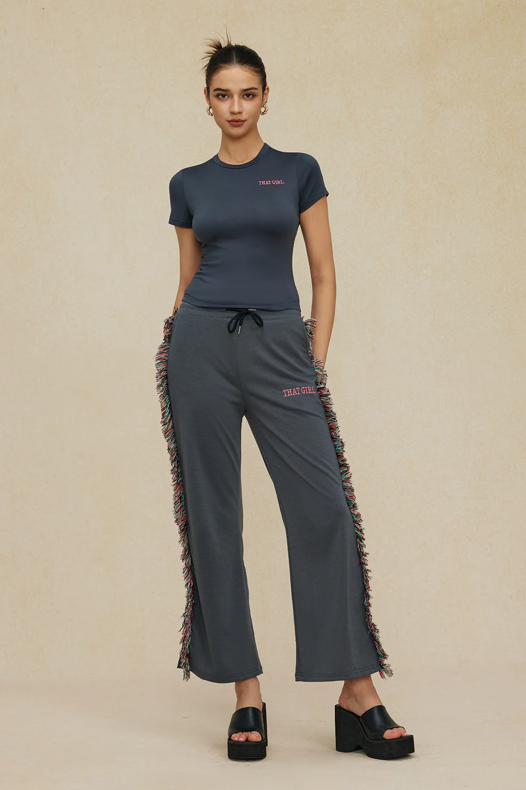 Letter Print T-shirt And Tassel Drawstring Pants Set - Image 15