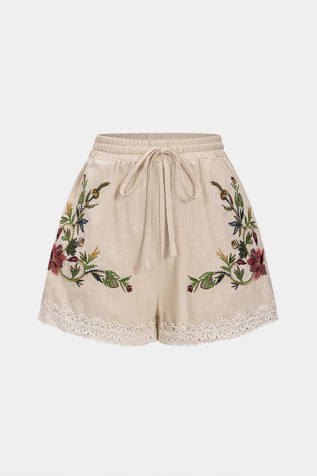 Lace Trim Patchwork Embroidery Tie-Up Shorts