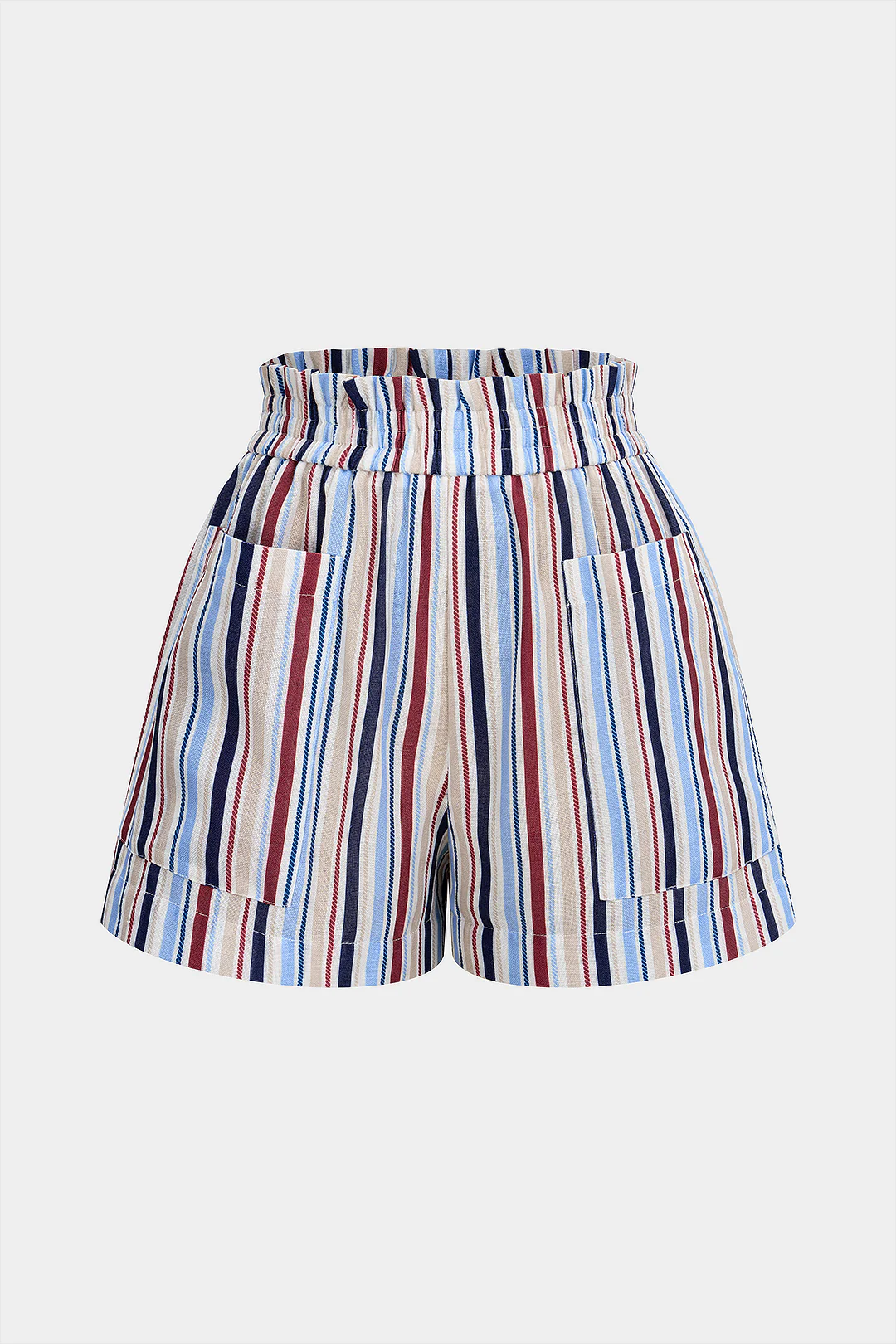 Stripes Print Pocket Shirred Waistband Shorts