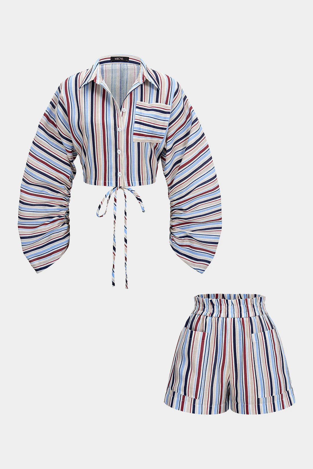 Stripes Print Pocket Shirred Waistband Shorts - Image 2