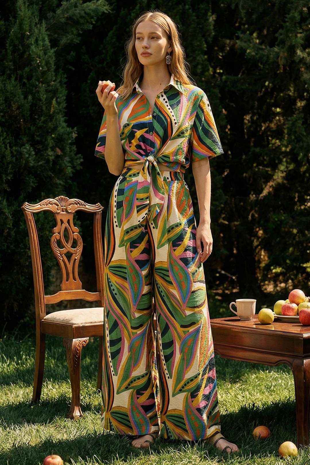 Leaves Contrast Print Wide Leg Pants - Image 5