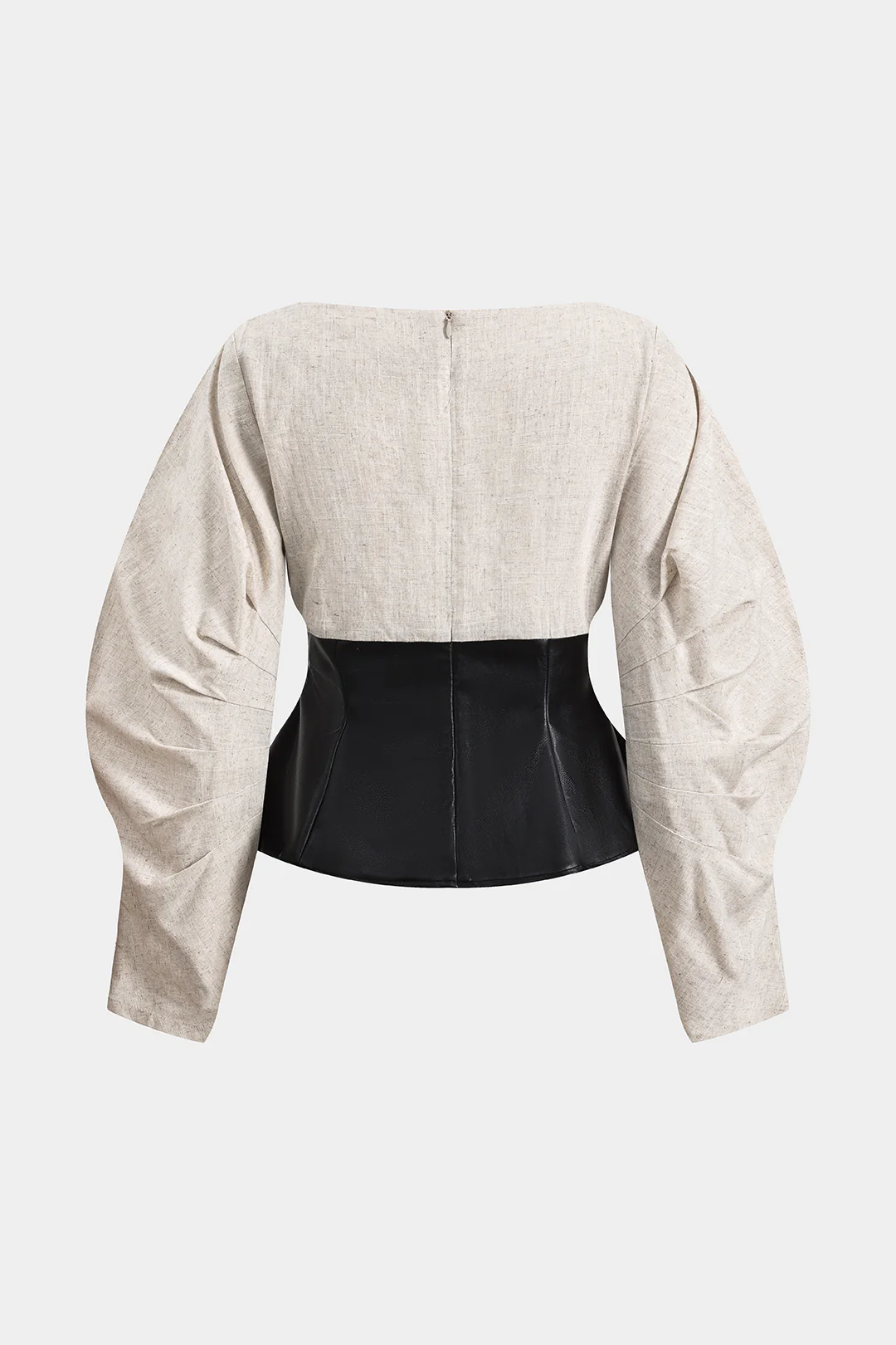 Linen Faux Leather Patchwork Long-Sleeve Shirt - Image 2