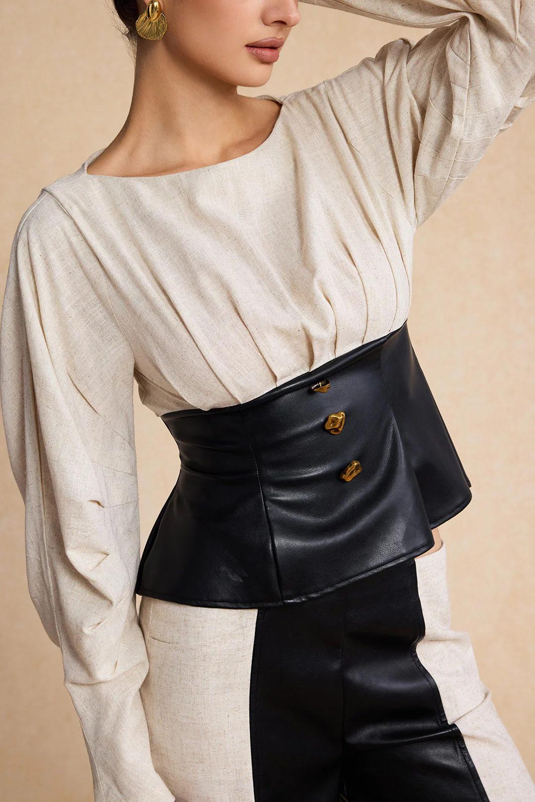 Linen Faux Leather Patchwork Long-Sleeve Shirt - Image 9