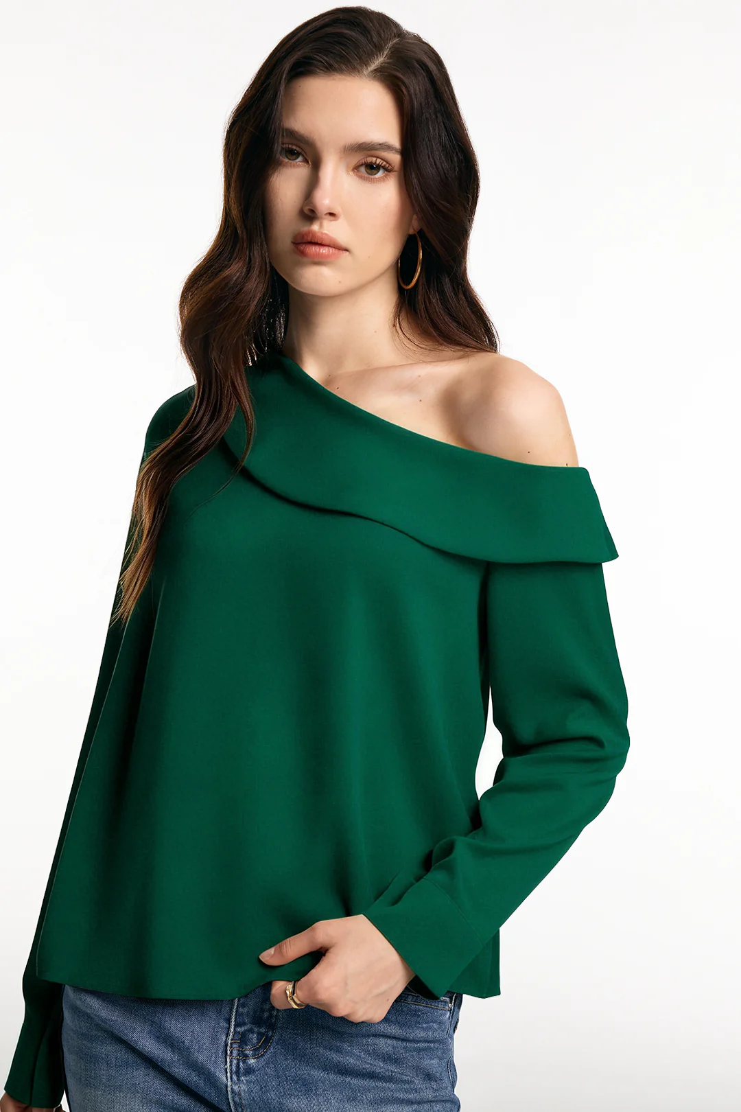 Satin One Shoulder Asymmetrical Long-Sleeve Shirt