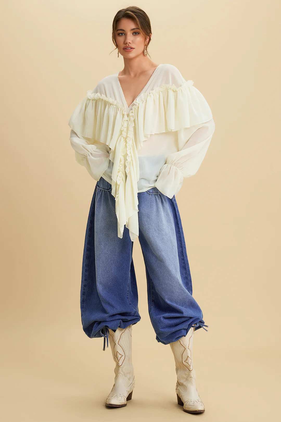 Chiffon Ruffle Ruched Strappy Bell Long-Sleeve Shirt