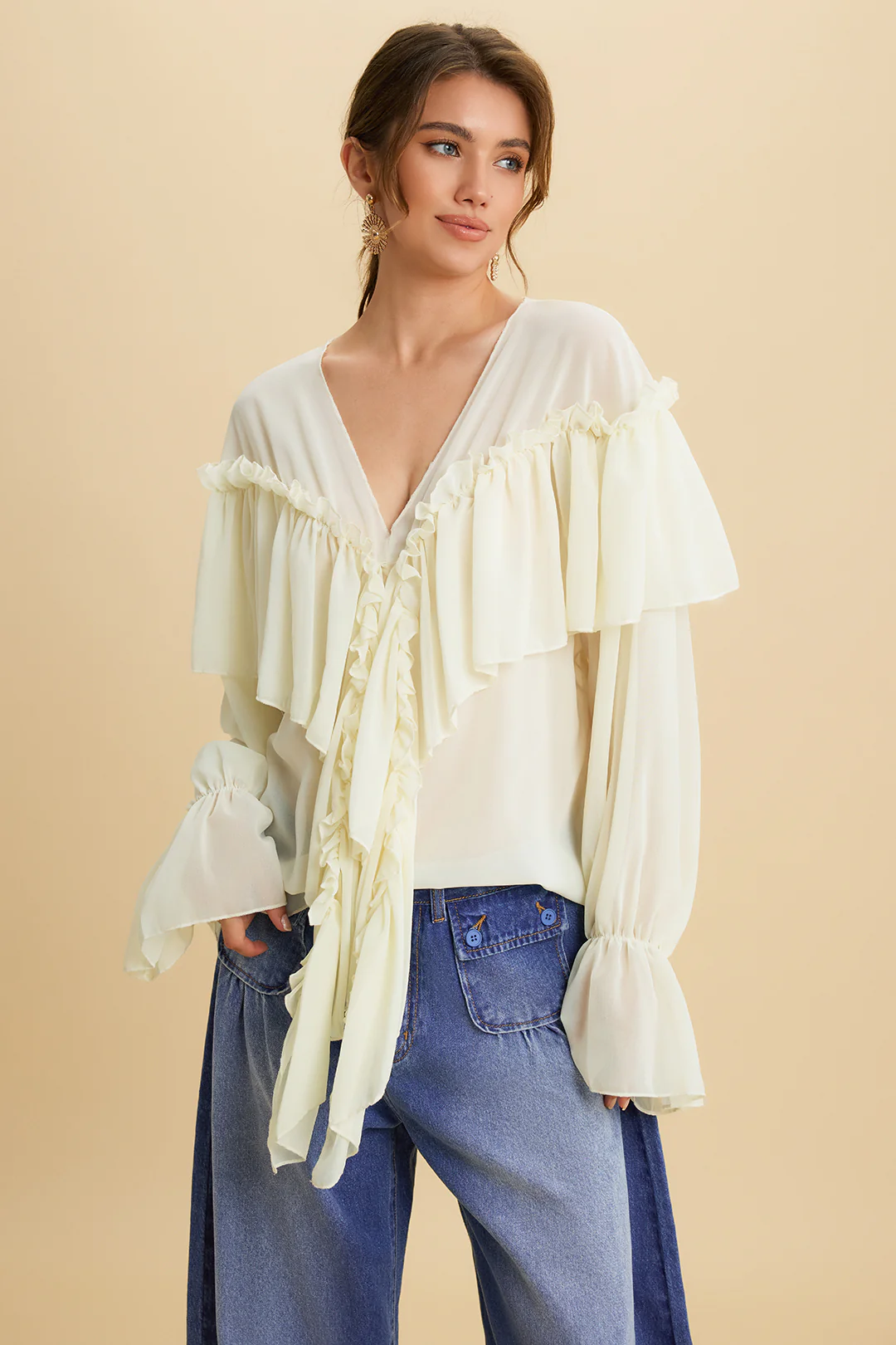 Chiffon Ruffle Ruched Strappy Bell Long-Sleeve Shirt - Image 2