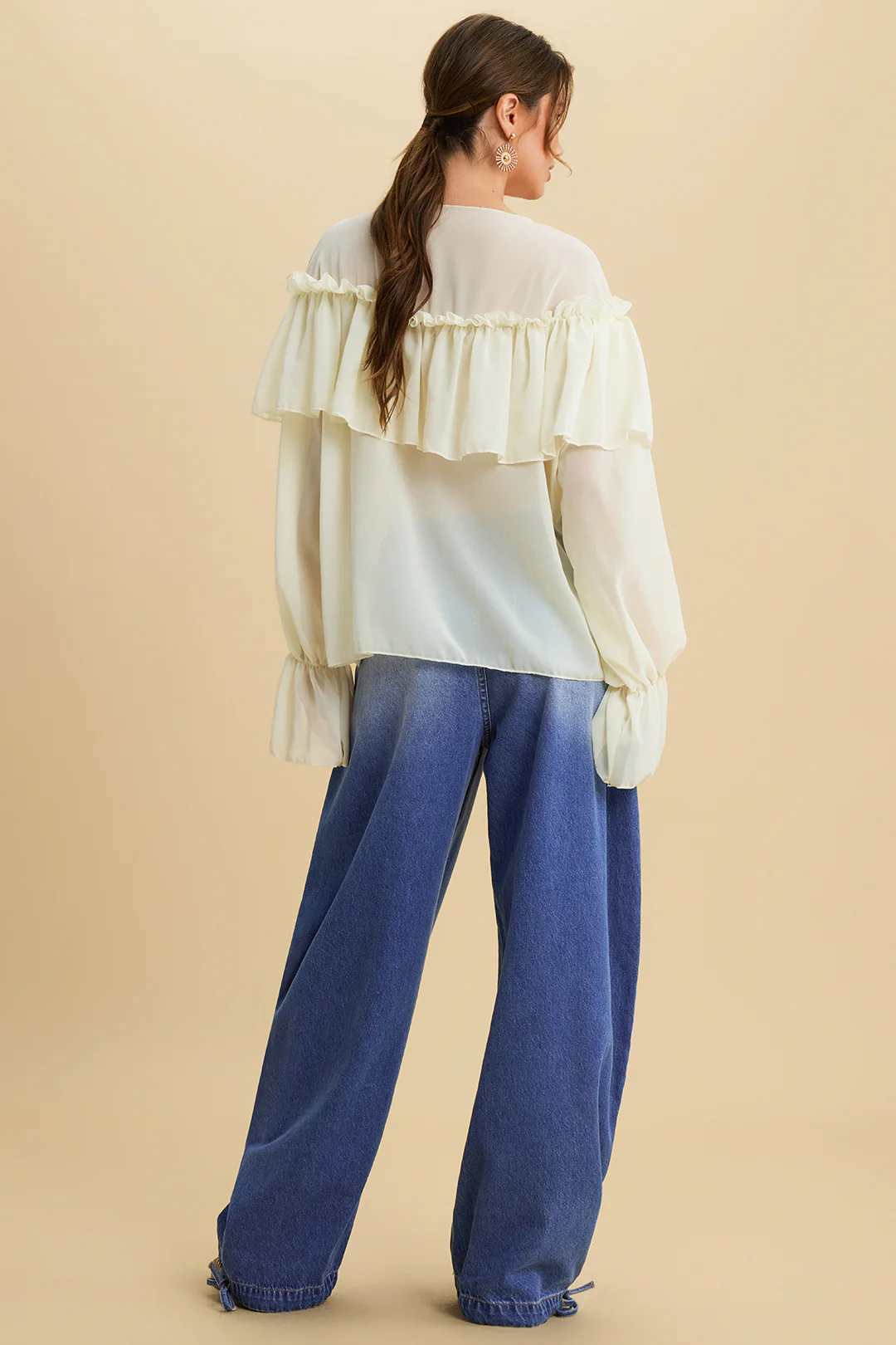 Chiffon Ruffle Ruched Strappy Bell Long-Sleeve Shirt - Image 4
