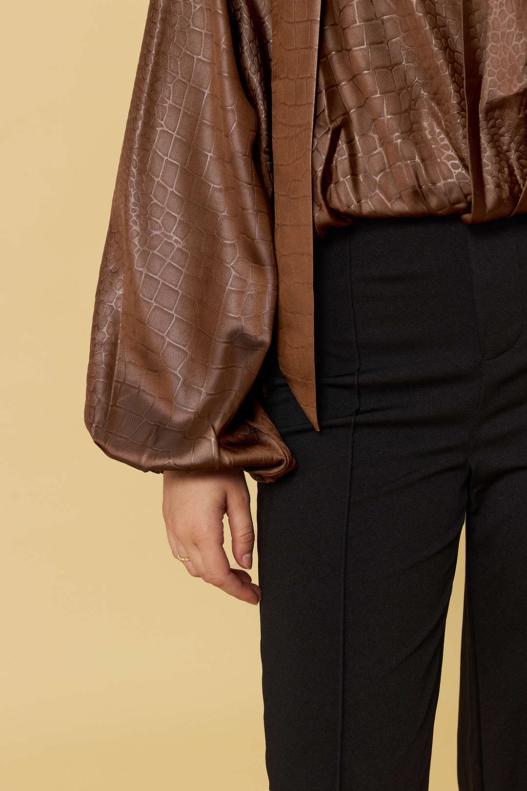 Satin Texture Ruched Long-Sleeve Top With Scarf - Image 4