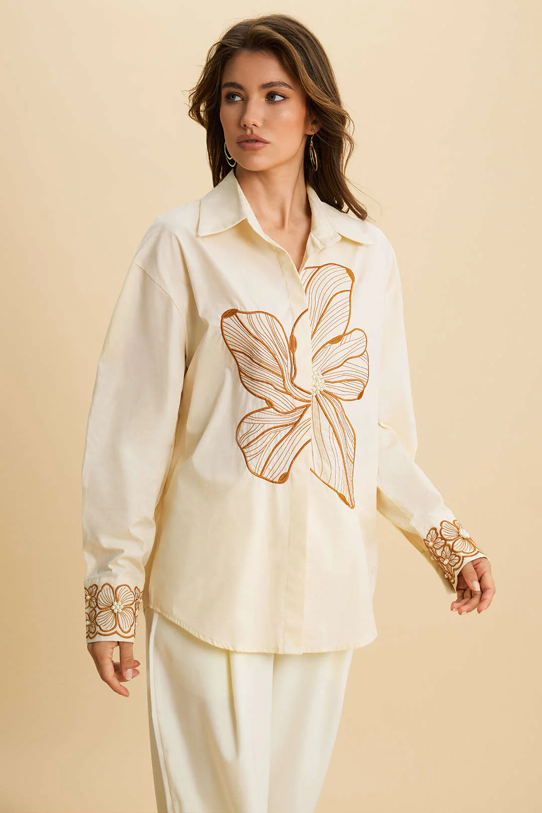 Floral Embroidery Asymmetrical Long-Sleeve Shirt