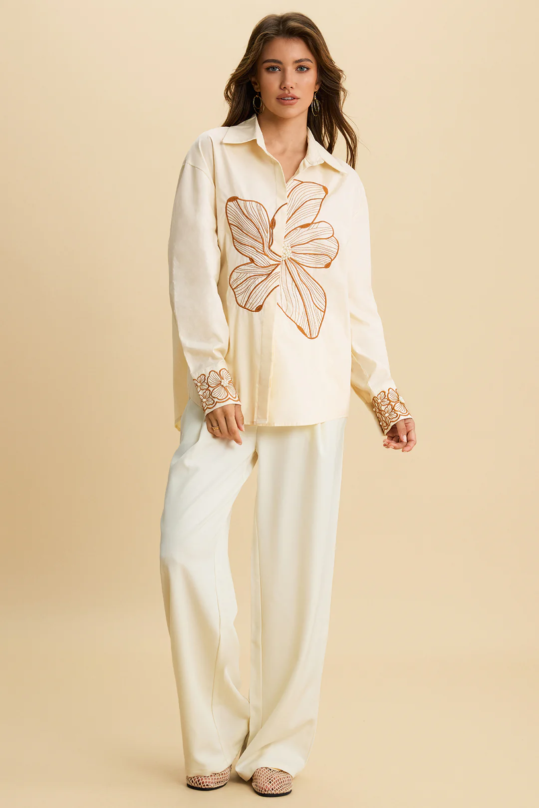 Floral Embroidery Asymmetrical Long-Sleeve Shirt - Image 2