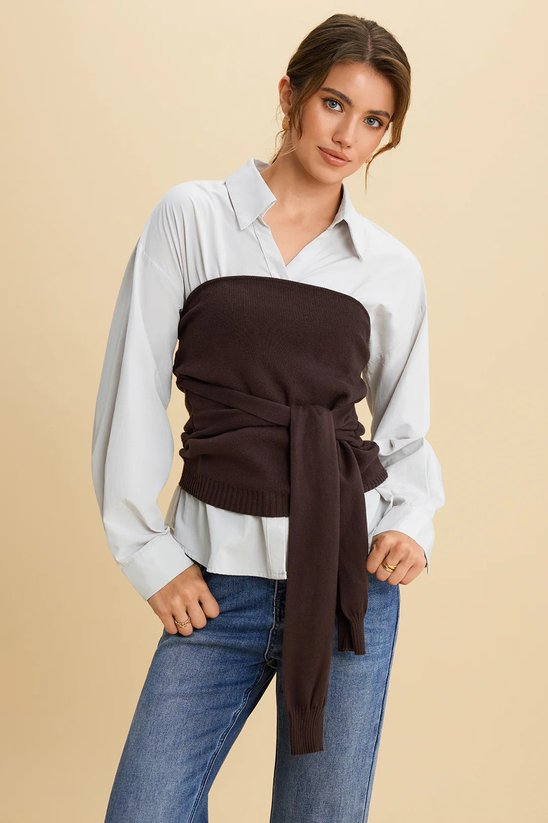 Solid Patchwork Knit Tie-Front Long-Sleeve Shirt