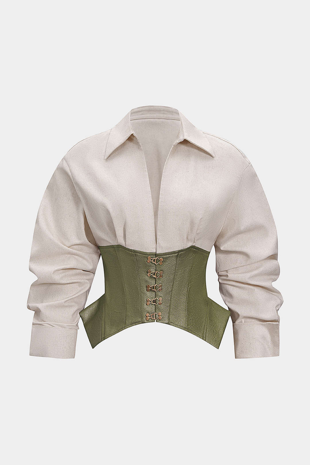 Linen Patchwork Metallic Buckle Long-Sleeve Shirt - Image 11